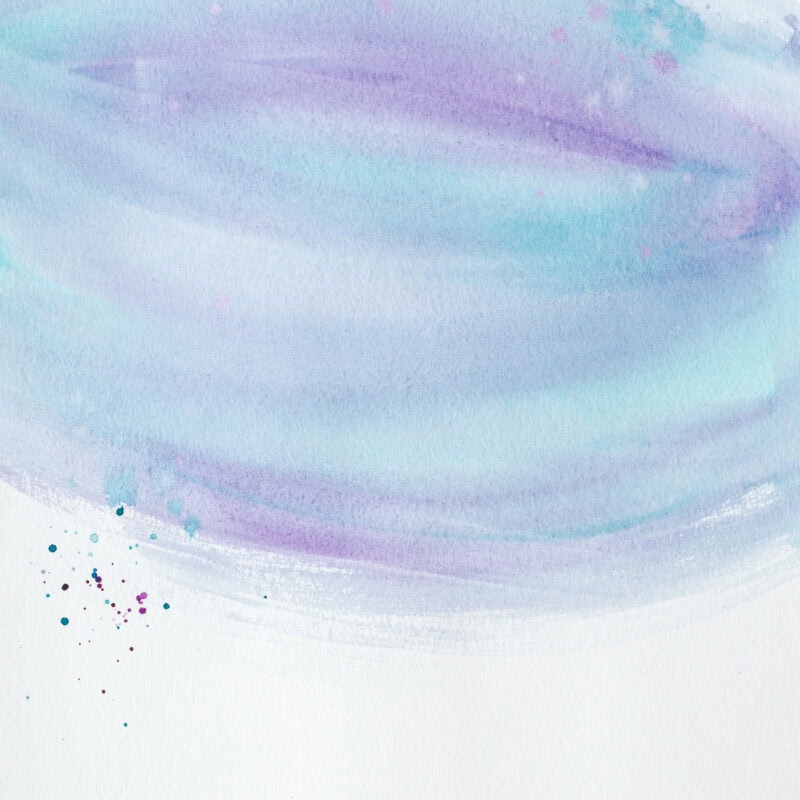 abstract purple and blue watercolor painting with splatters on white paper